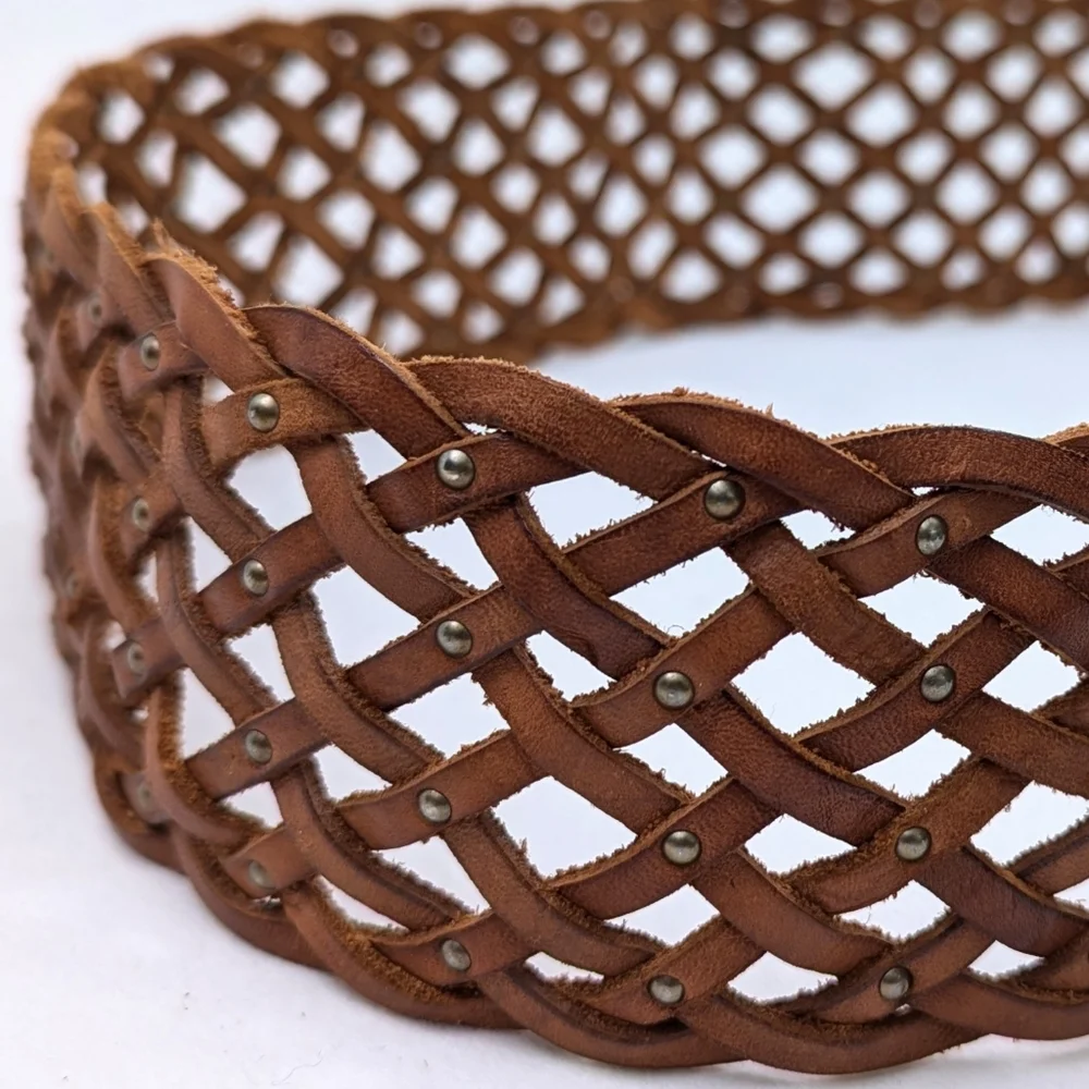 American Eagle Wide Leather Belt Woven Studded Braided Boho Cognac Brown S/M NWT